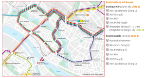 Grafik zu den Umleitungen vom 7.-9. November 2025 aufgrund der Sperrung der Wilhelm-Kaisen-Brücke